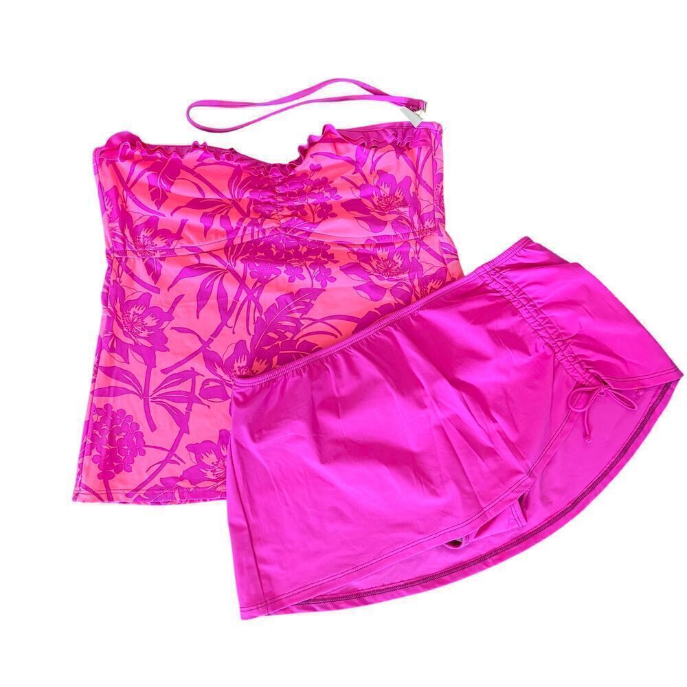 NWT Talbots Floral Ruffled Bandeau Tankini And Swim Skirt Set Pink Size 10
